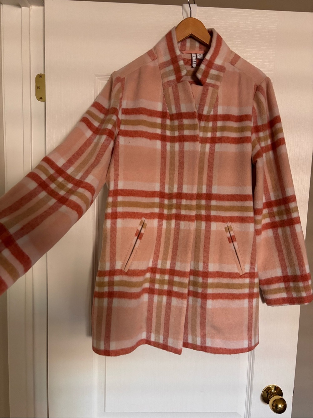 Elle Pink Plaid Stand-Collar Pea Coat. Size Medium - Picture 3 of 5
